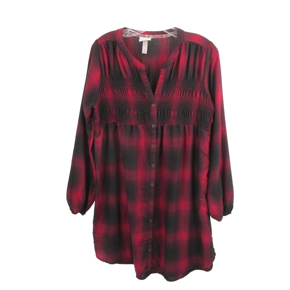 Knox Rose Red Buffalo Plaid Smock Dress Women Medium Peasant Boho Button Up